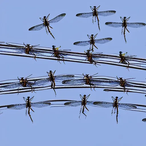 Prompt: a horde of dragonflies using cables to lift a tank, fantasy