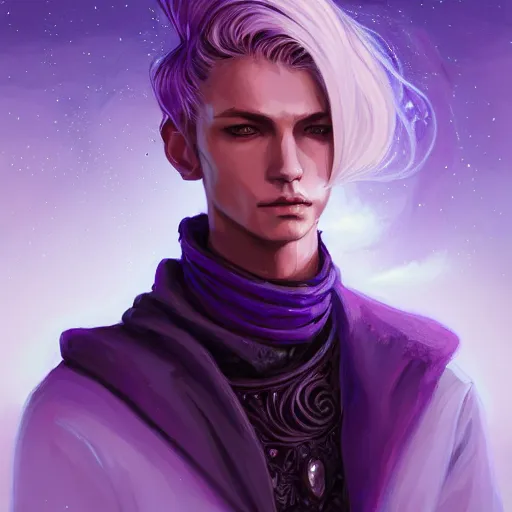 Image similar to portrait of an androgynous human mage, with dirty blonde hair, purple eyes, dnd, high fatnasy, intricate, elegant, highly detailed, digital painting, artstation, concept art, smooth, sharp focus, illustration, by anato finnstark, boissb - blanca. j, cindy avelino, clint cearley, anna podedworna