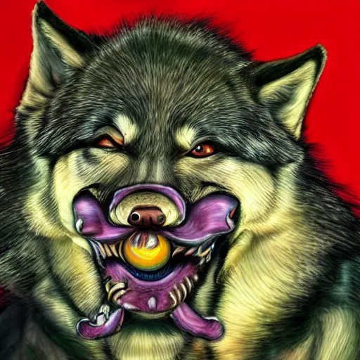 Image similar to realistic portrait of retarded wolf, eyes in different directions, vivid colors, propaganda style, it looks sick, very ugly face, missing teeth