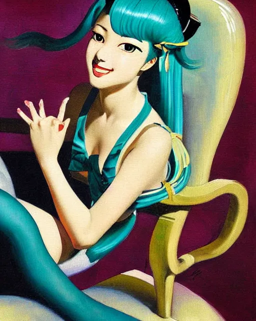 Image similar to A very beautiful painting of hatsune Miku sitting on the chair by Enoch Bolles and Gil Elvgren