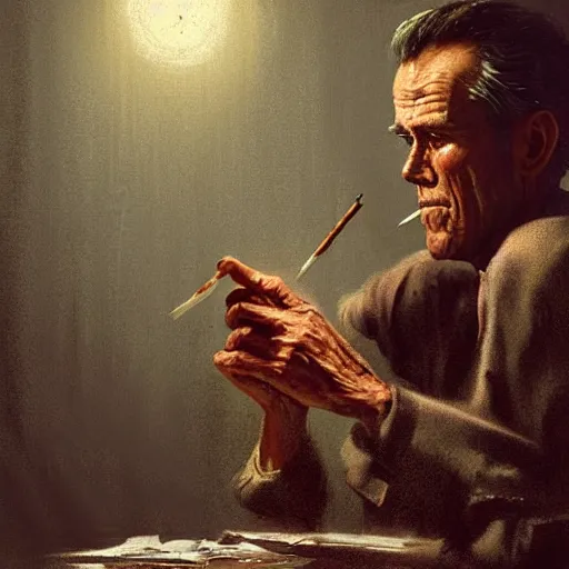 Image similar to a highly detailed epic cinematic concept art CG render digital painting artwork costume design: Henry Fonda as a 1950s tired disillusioned poet, barefoot, smoking a cigarette. volumetric lighting. By Greg Rutkowski, in the style of Francis Bacon and Syd Mead and Norman Rockwell and Beksinski, open ceiling, highly detailed, painted by Francis Bacon and Edward Hopper, painted by James Gilleard, surrealism, airbrush, Ilya Kuvshinov, WLOP, Stanley Artgerm, very coherent, triadic color scheme, realistic facial expression, art by Takato Yamamoto and James Jean