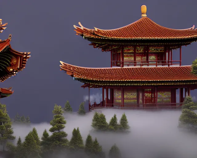 Prompt: photorealistic lunar pavilion temple in the clouds, artstation