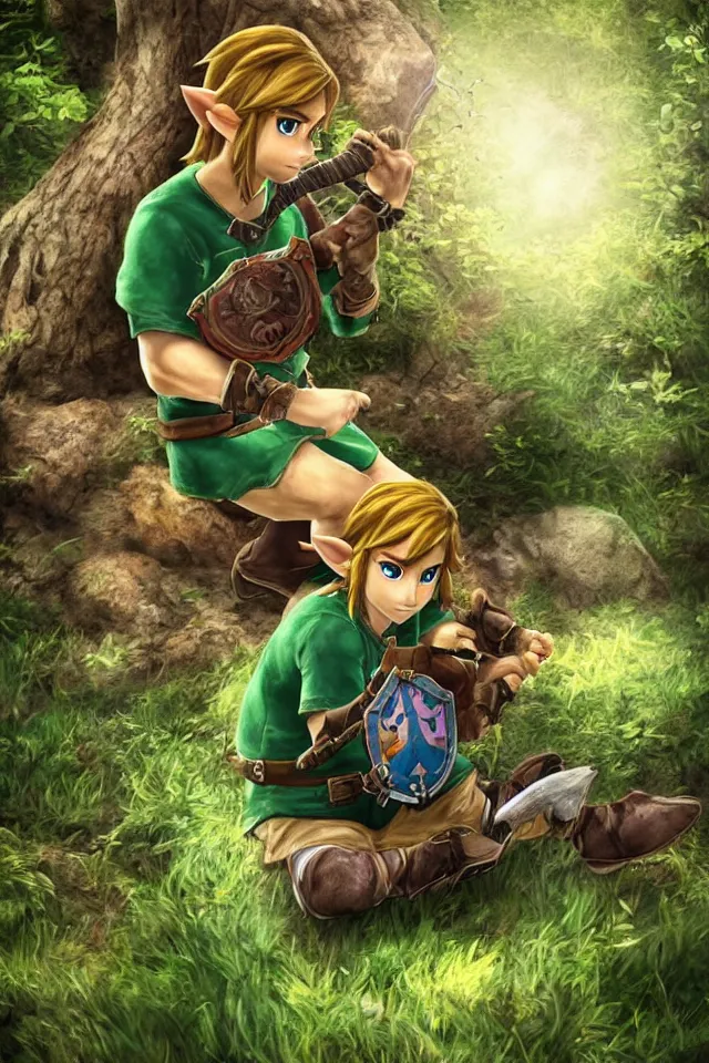 Image similar to a photorealistic portrait of link sitting in woods of hyrule playing ocarina, with a ultra detailed texture and a dreamy atmosphere, hdr, cinematic scene, beautiful light