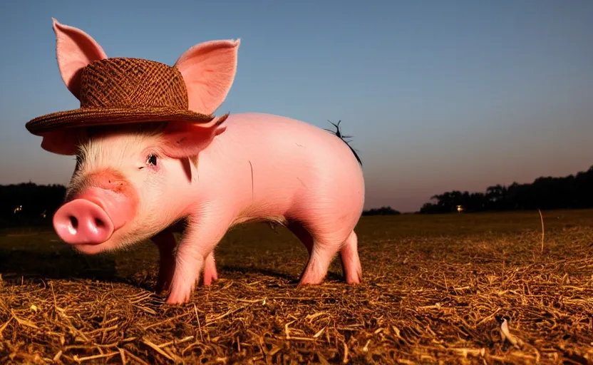 Prompt: a cute pig wearing a straw hat at blue hour, twilight, cool, award winning 4 k photo, twilight cool light