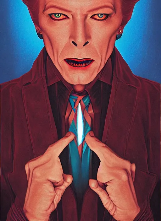 Prompt: twin peaks poster art, portrait of the demons of the black lodge have got david bowie swapped around their finger, by michael whelan, rossetti bouguereau, artgerm, retro, nostalgic, old fashioned