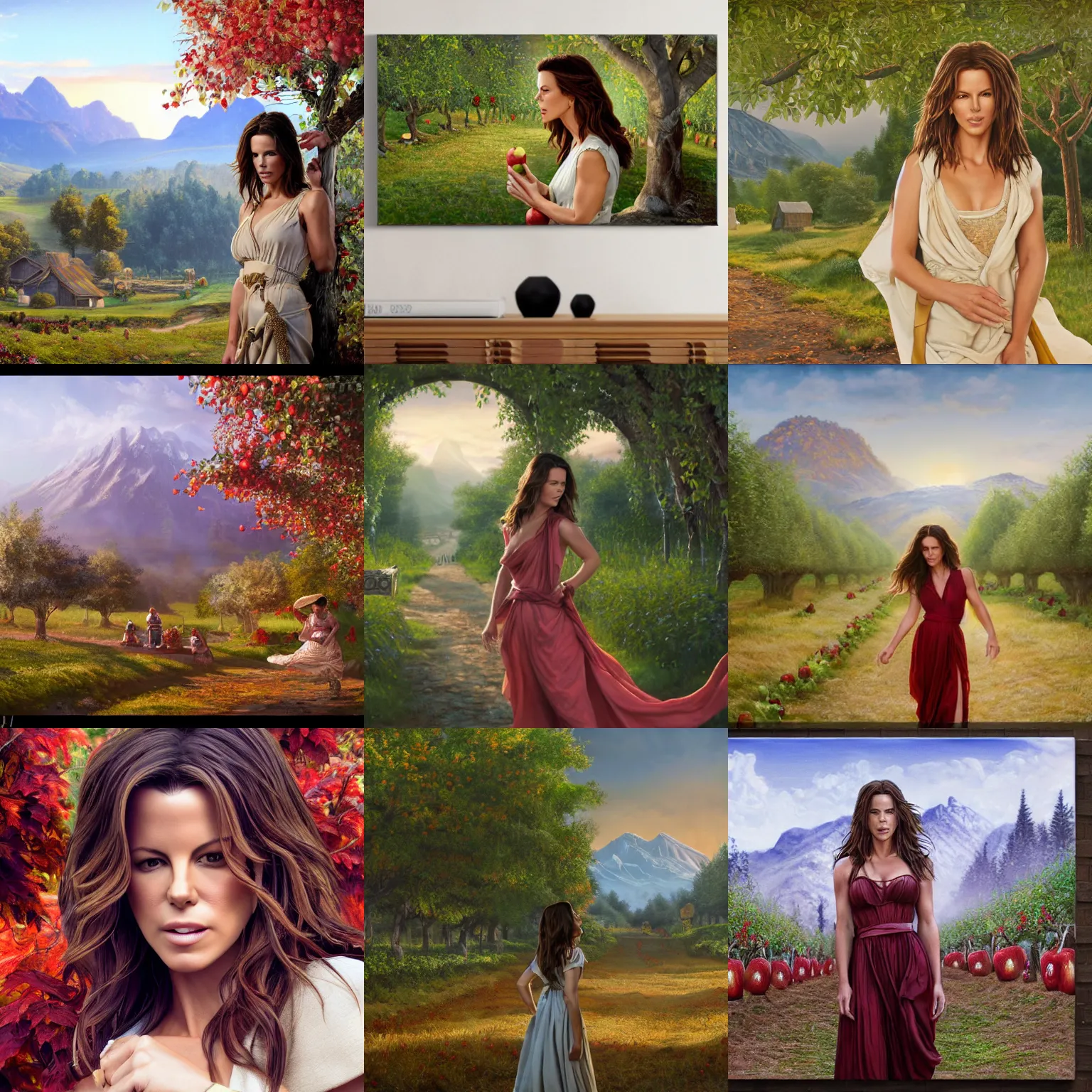 Prompt: a closeup photorealistic photograph of kate beckinsale in roman toga paint canvas painting of fantasy apple orchard. film still. brightly lit scene. mountains and trees. this 4 k hd image is trending on artstation, featured on behance, well - rendered, extra crisp, features intricate detail, epic composition and the style of unreal engine.