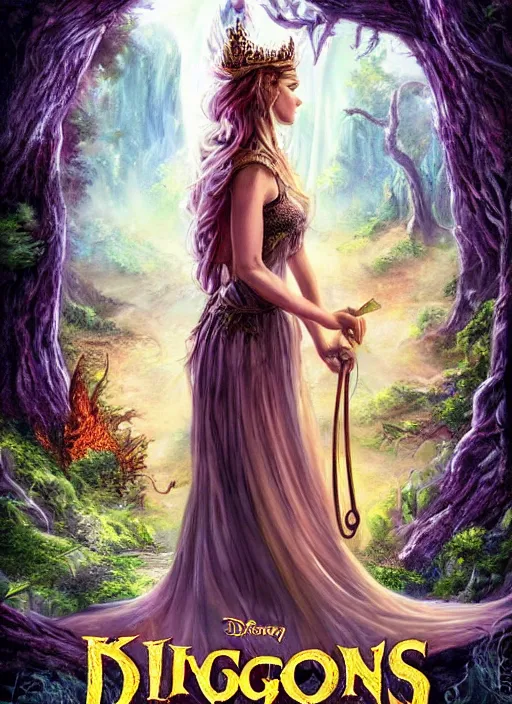 Image similar to movie poster, fantasy, kingdom in the woods, dragons, detailed profile of a beautiful woman, fairies, magical, enchanting, nostalgic, by john alvin,