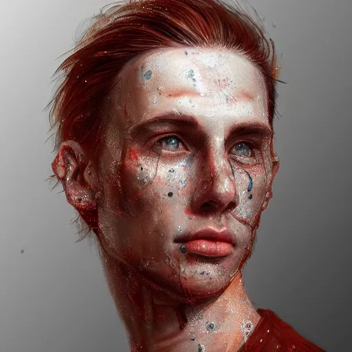 Image similar to portrait of a thin young man with long red hair, ponytail, a big scars, big gash on face, freckles on his face, an earring, intricate, elegant, glowing lights, highly detailed, digital painting, artstation, concept art, smooth, sharp focus, illustration