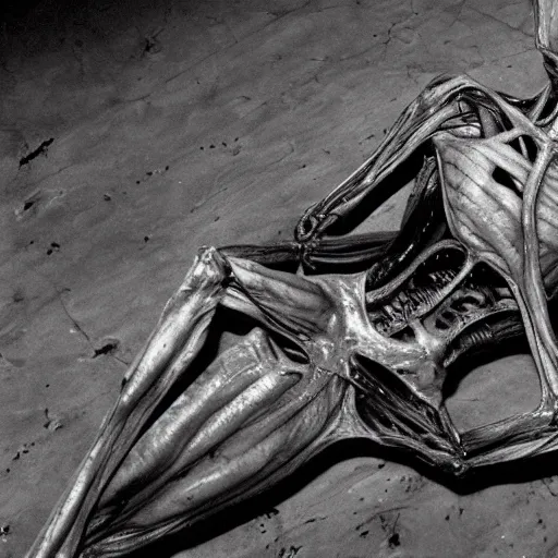 Prompt: grainy autopsy photos of an alien at area 5 1, gory, very realistic