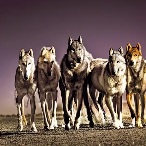 Image similar to wolf pack surrounding two horses at night