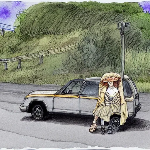 Prompt: a hitchhiker woman waiting a car on roadside in savannah, artstation, cgsociety, high quality, detailed, high resolution, pen ink watercolor in the style of Mattias Adolfsson