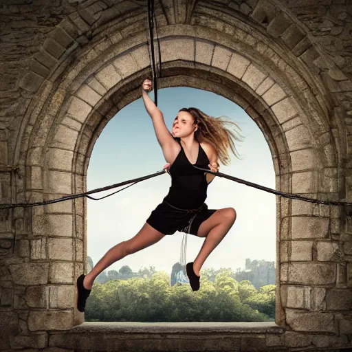 Image similar to beautiful athletic female swinging on large lyra hoop, intricate detail, in front of medieval castle, cinematic compositon, photorealistic