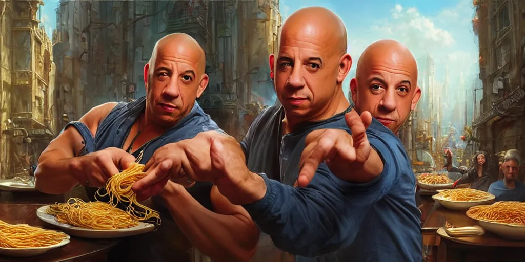 Prompt: vin diesel!!!!!!!!!! and mr bean!!!!!!!!!! sharing spaghetti!!!!!!!!!!, fantasy art, matte painting, sharp focus, vibrant colors, high contrast, illustration, art by justin gerard