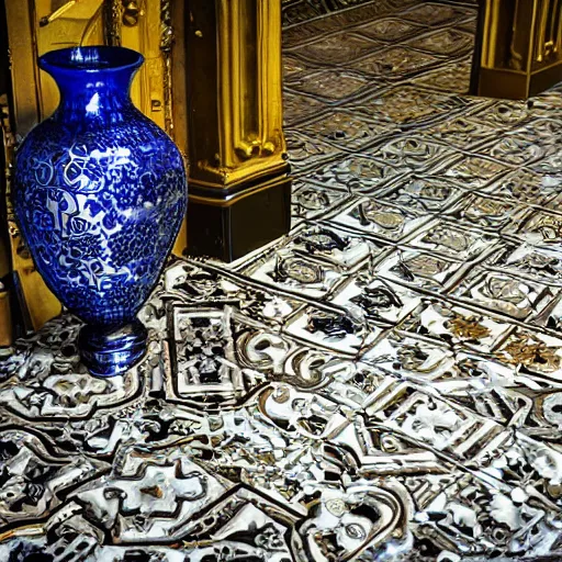Image similar to an ornate baroque vase breaking on the marble tile floor, exploding into dust, dark - blue light - blue gold silver white black beige, volumetric dust rays, intricate detail, ultra realistic, cinematic lighting, moody, wet, shiny,