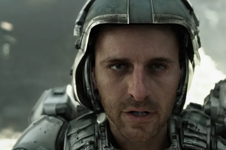 Image similar to VFX movie of a futuristic spacemarine closeup portrait in war zone, beautiful natural skin natural lighting by Emmanuel Lubezki