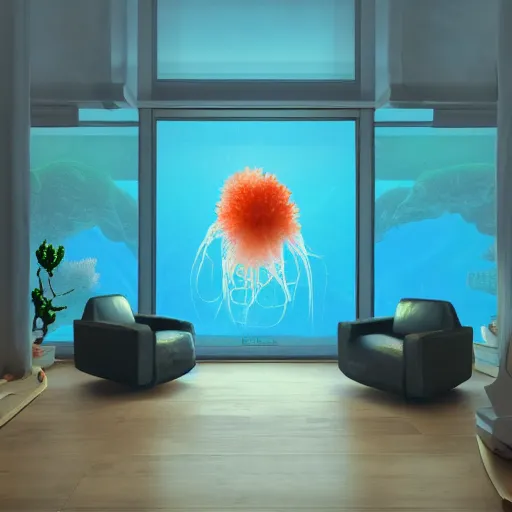 Image similar to photo of the modern room as aquarium with a big jellyfish and corals, realistic colors, realistic shadows, daylight made in blender, 3 d by beeple