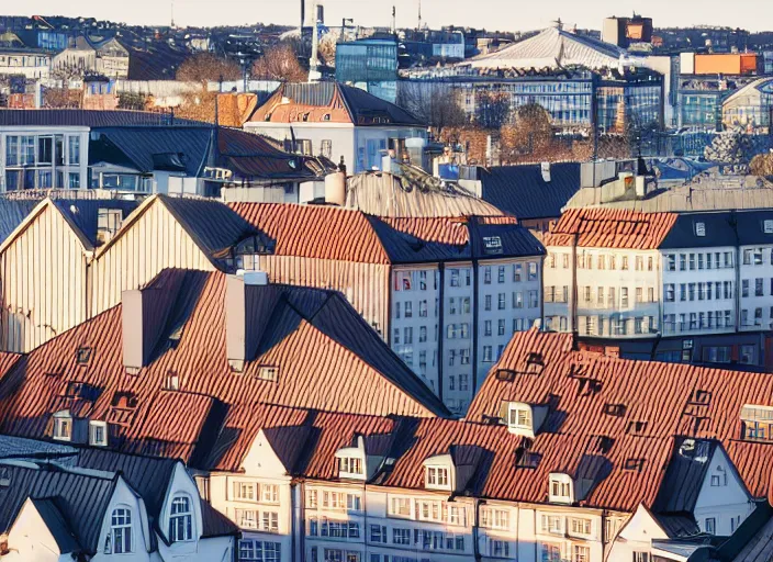 Image similar to photograph of the rooftops of gothenburg sweden, morning light, landscape photography, award winning, canon, soft lighting, sony, nikon, 4 k, hd