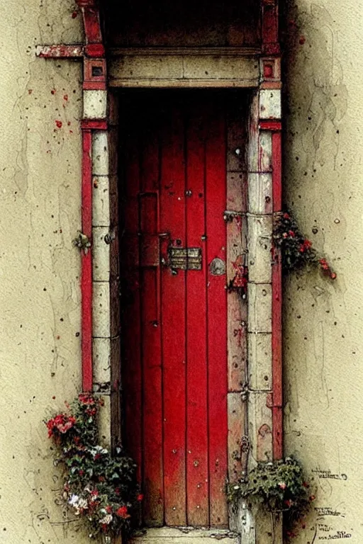 Image similar to ( ( ( ( ( decaorated red door, intricate. muted colors. ) ) ) ) ) by jean - baptiste monge!!!!!!!!!!!!!!!!!!!!!!!!!!!