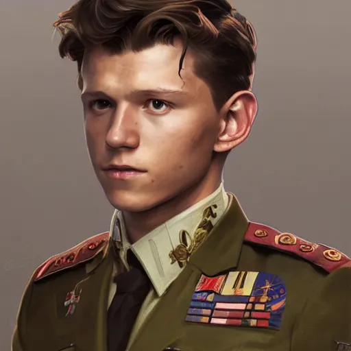 Image similar to Portrait of Tom Holland as a military officer, intricate, headshot, highly detailed, digital painting, artstation, concept art, sharp focus, cinematic lighting, illustration, art by artgerm and greg rutkowski, alphonse mucha, cgsociety