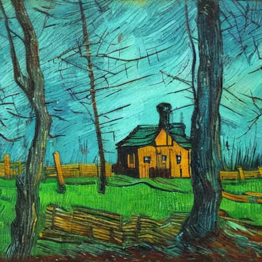 Image similar to a painting of a Eerie cabin in the middle of the woods in the style of Vincent van gogh