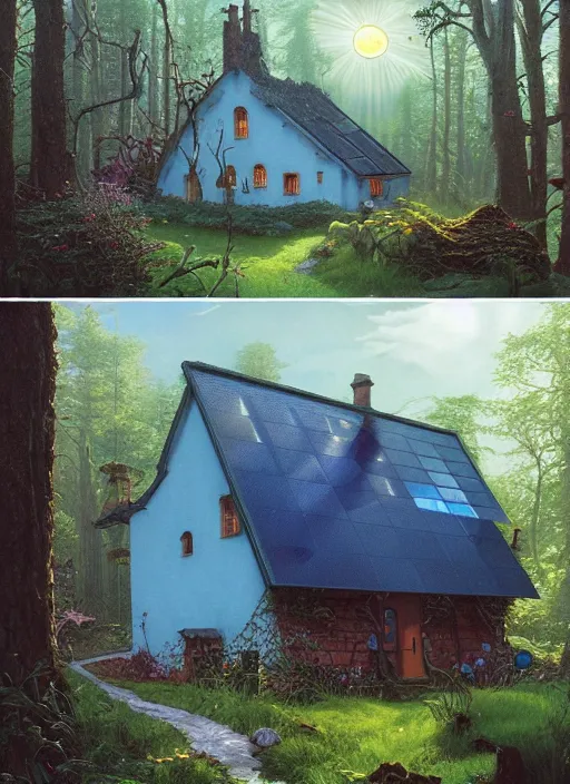 Image similar to hyper realistic witch cottage with solar panels with happy lighting and technology in the woods gorgeous lighting, sunbeams blue sky, lush forest foliage painting by zdzisław beksinski and norman rockwell and greg rutkowski weta studio, and lucasfilm