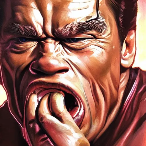 Image similar to portrait of arnold schwarzenegger opening his mouth to eat pizza, highly detailed, digital painting, artstation, concept art, sharp focus, illustration, art by artgerm and greg rutkowski and alphonse mucha