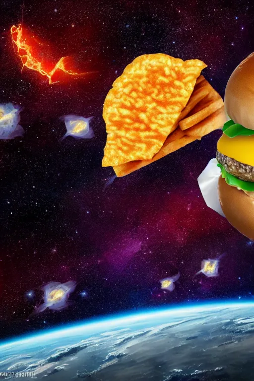 Image similar to a cheeseburger flying apart in space. nebula background. highly detailed. airbrush, beautiful lighting, chiaroscuro