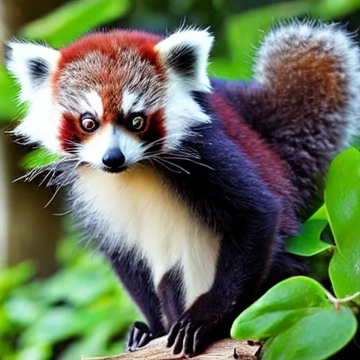 Prompt: a full grown hybrid red panda - lemur - cat - raccoon, cute hybrid, wlop