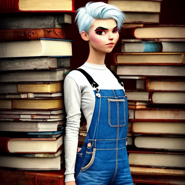 Image similar to full body pose, beautiful adult book fairy, pixar, short white hair shaved sides, dirty, grungy, grunge, long sleeve, painted overalls, stacks of giant books, highly detailed, 4 k, hdr, smooth, sharp focus, high resolution, award - winning photo, artgerm, photorealistic