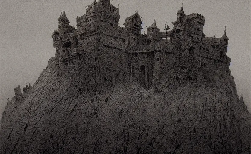 Image similar to menacing castle in hell dominates the landscape by beksinski