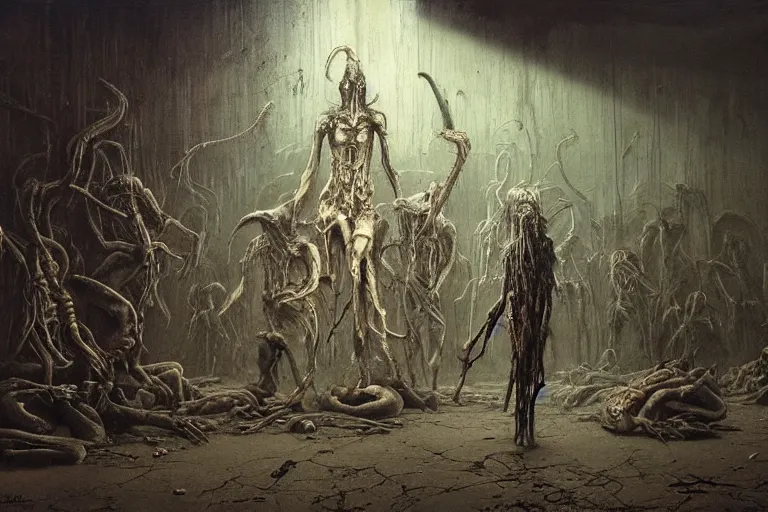 Image similar to an eerie painting of a cacophony of demons sacrificing humans in a grungy derelict georgian manor interior with colourful graffiti on the walls and garbage scattered on the floor, reclaimed by nature by zdzisław beksinski, wayne barlowe, hr giger, luis royo, agostino arrivabene