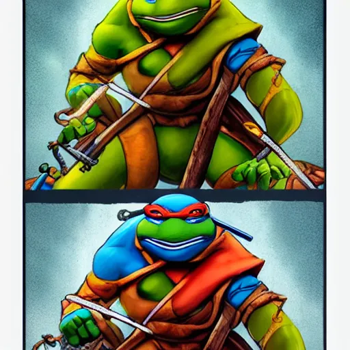 Image similar to The full set of tarot cards in the style of ninja turtles, hyperrealistic, highly detailed, depth of field, High definition, 8k, octane render, artstation
