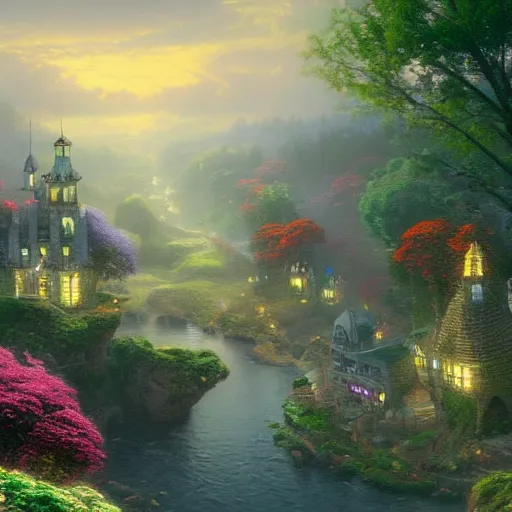 Prompt: A beautiful matte painting of a beautifully designed town, Thomas Kinkade, 4k unreal engine, tilt-shift effect, Samorost