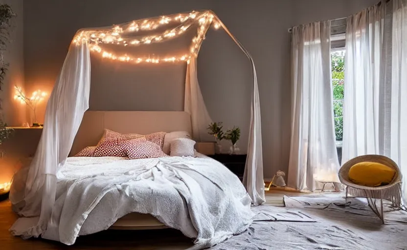 Prompt: a rounded modern bedroom with no windows, fairy lights, canopy