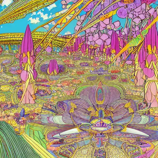 Prompt: a beautiful painting of a huge exquisite mystical shrine in a field of flowers by moebius and studio ghibli, hyper detailed vector line art, digital art