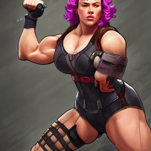 Image similar to scarlett johansson as thick muscular weightlifter zarya from overwatch, highly detailed, digital painting, artstation, sharp focus, illustration, art by tan zi and ayanamikodon and alphonse mucha and wlop