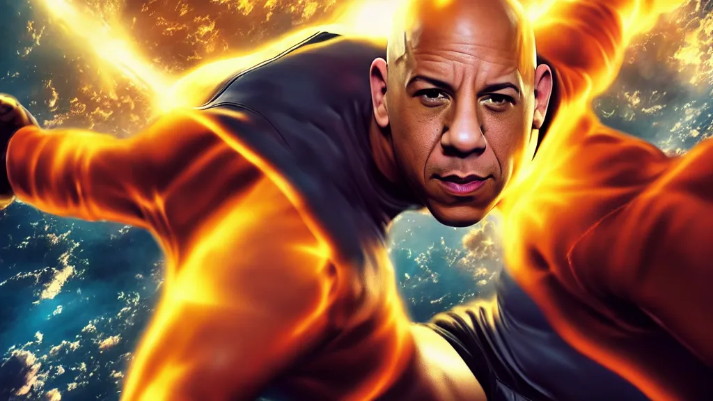 Image similar to extreme wide shot of vin diesel as saitama!!! punching!!! a car!!!!!! into space, ultra realistic, lens flare, atmosphere, glow, detailed, intricate, full of colour, cinematic lighting, trending on artstation, 4 k, hyperrealistic, focused, extreme details, unreal engine 5, cinematic, masterpiece