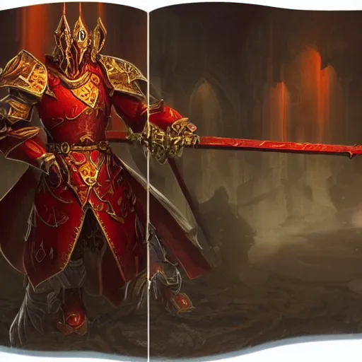 Image similar to blood paladin, fantasy art, located in a castle, legendary armor, red sunlight through the window, decorated, high quality, highly detailed,