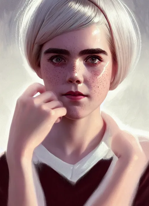 Prompt: portrait of kiernan shipka with freckles, white hair, 1 9 6 0 s bob hairstyle with bangs and hairband, intricate, elegant, glowing lights, highly detailed, digital painting, artstation, concept art, smooth, sharp focus, illustration, art by wlop, mars ravelo and greg rutkowski