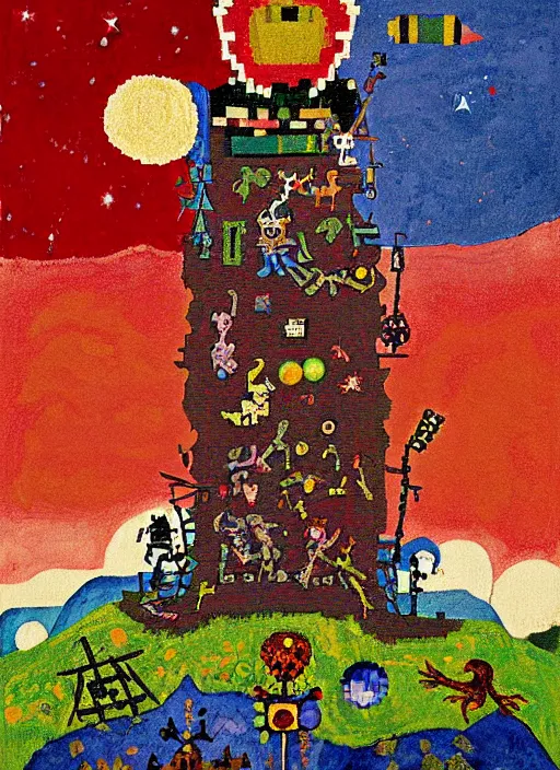 Image similar to pixel decollage painting tarot lovers card composition tower of babel road red armor maggot bear and wonky alien frog skeleton knight on a horse in a dark red cloudy night sky with golden foil jewish stars and diamonds, mountain lake and blossoming field in background, painted by Mark Rothko, Helen Frankenthaler, Danny Fox and Hilma af Klint, pixelated, neo expressionism, semi naive, pastel colors, cinematic, color field painting, cave painting, voxel, pop art look, outsider art, minimalistic. Bill Traylor painting, part by Philip Guston, Amano and Francis Bacon. art by Adrian Ghenie and Storm Thorgerson, very coherent symmetrical artwork, cinematic, hyper realism, high detail, octane render, unreal engine, Smooth gradients, depth of field, full body character drawing, extremely detailed, 8k, extreme detail, intricate detail, masterpiece