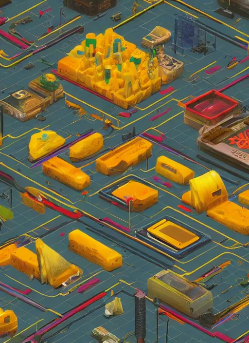 Image similar to cyberpunk cheese, in the style of simon stalenhag