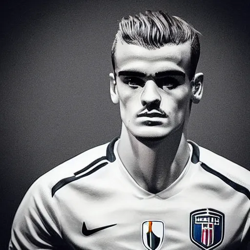 Image similar to “ a realistic detailed photo of a guy who is an attractive humanoid who is half robot and half humanoid, who is a male android, soccer player antoine griezmann, shiny skin, posing like a statue, blank stare, at the museum, on display ”