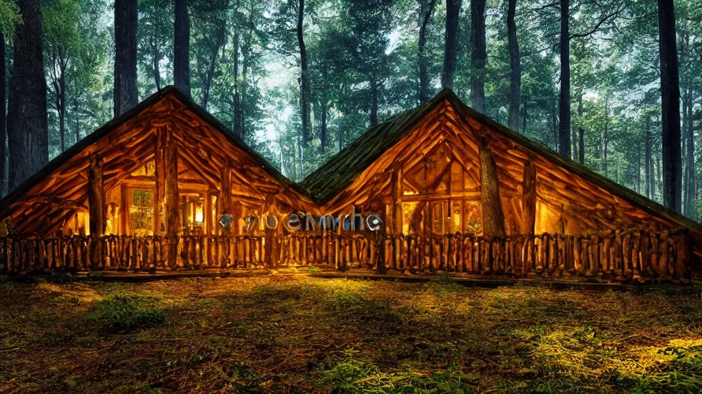 Image similar to portrait of an ethereal log cabin made of golden light, evergreen forest made of green and blue light, divine, cyberspace, mysterious, dark high-contrast concept art