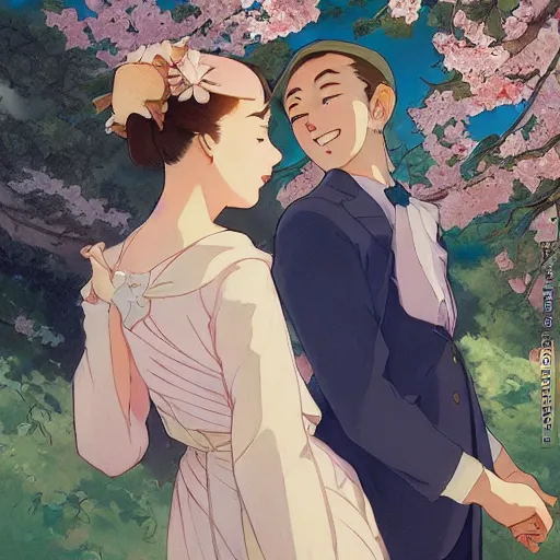 Prompt: couple enjoying hanami, in the style of studio ghibli, j. c. leyendecker, greg rutkowski, artem