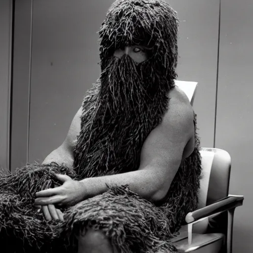 Prompt: a man wearing a ghillie suit, sitting in a waiting room, film still, panavision panaflex