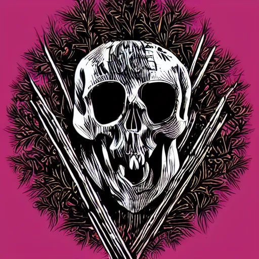 Image similar to dark death metal themed vector illustration for a record label, trees. forest, spikes, skull, microphone, skull, award winning, grunge, iconic, golden ratio