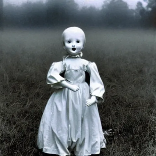 Prompt: A screaming silhouette blurry creepy porcelain doll standing in a foggy field. Vintage Associated Press photo.