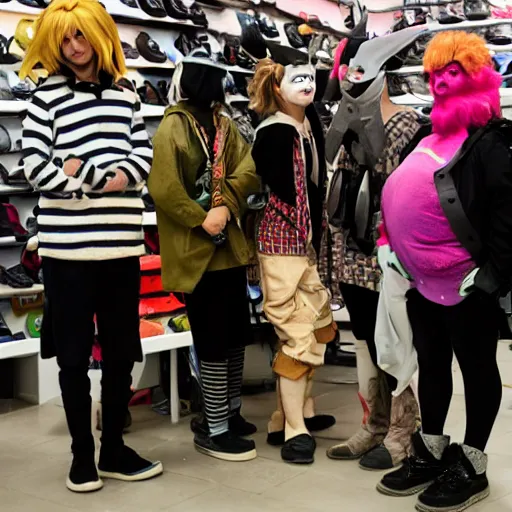 Prompt: a photograph of people badly cosplaying as animals, they have a disappointed look on their face, they are in a shoe store with long store isles, 50mm