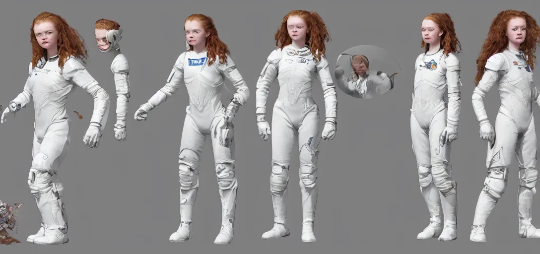 Prompt: character sheet concept art of sadie sink in a skintight white spacesuit, realistic, hyperrealistic, photographic, costume, wlop, dan mumford, greg rutkowski, high detail, octane render, alexander mcqueen, james gurney, james jean, mucha, photo, 8 k, intricate