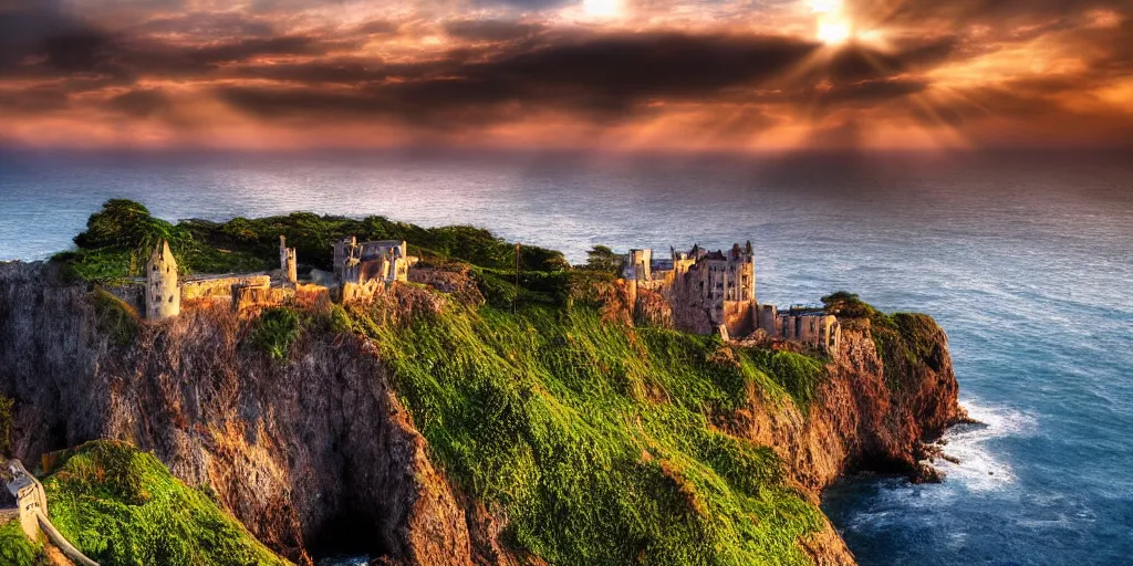 Image similar to A castle by the cliff next to the sea, dawn setting, HDR, god rays,4k hd wallpaper, photo realistic, high detail